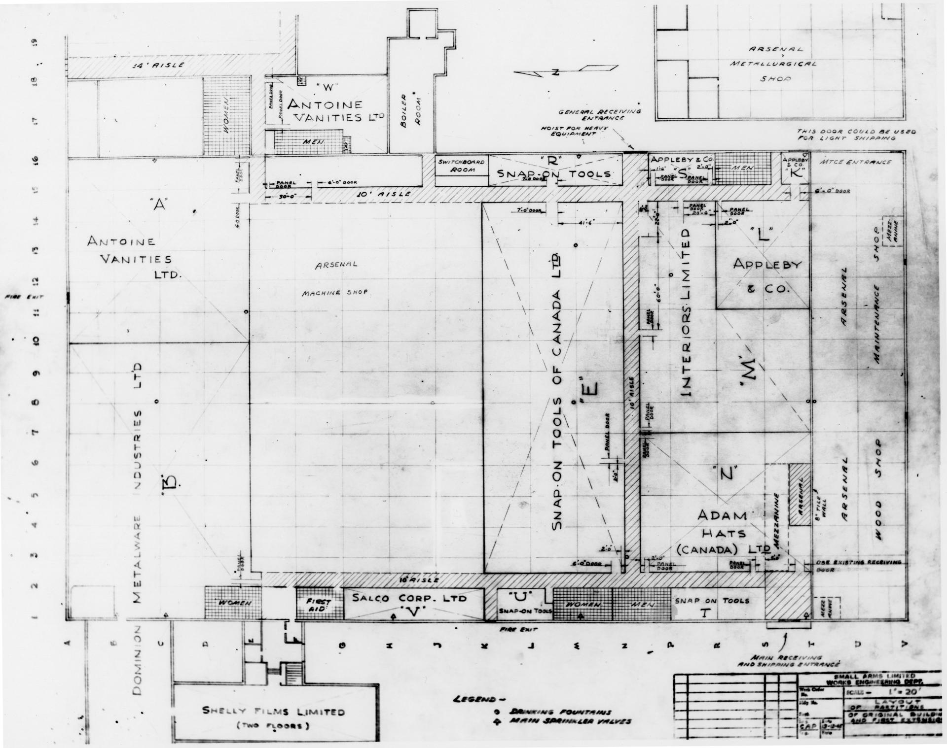 Engineering department drawing of the space allocated for new tenants in the Small Arms Limited plant.