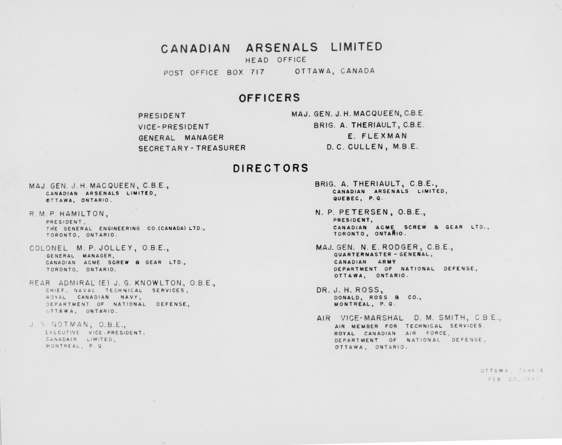The Board of Directors for Canadian Arsenals Limited